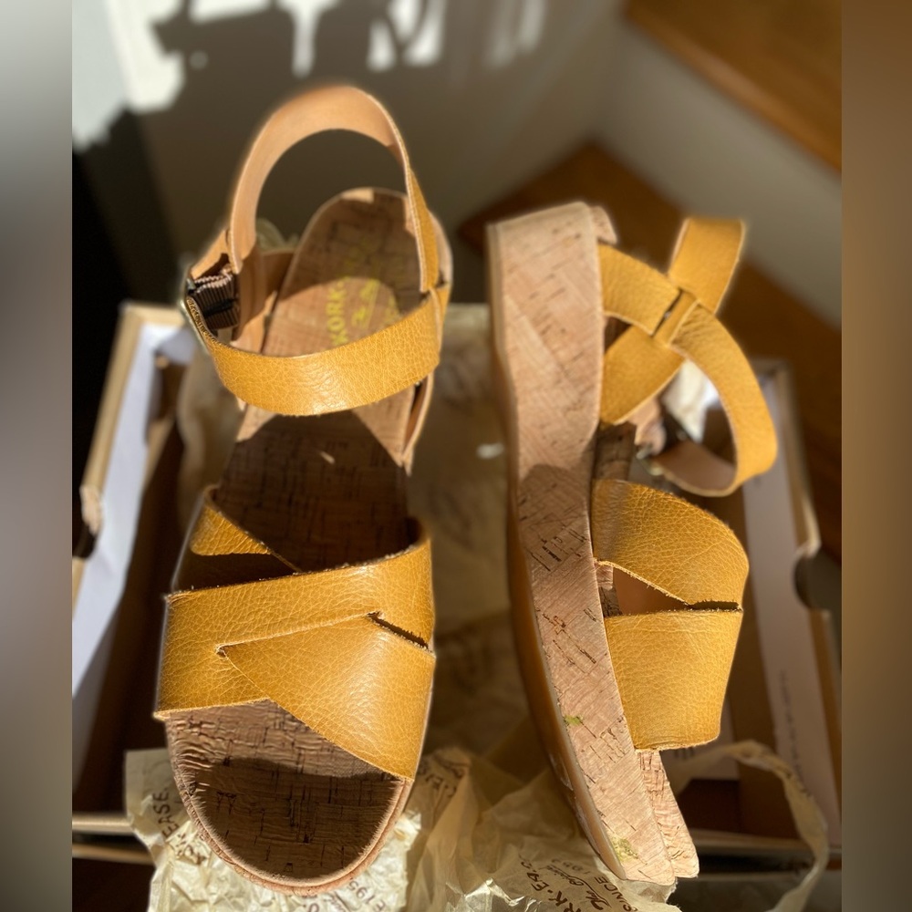 Kork-Ease Mustard Strappy Cork Wedges Size 10 Excellent Comfy Condition With Box - Picture 8 of 13